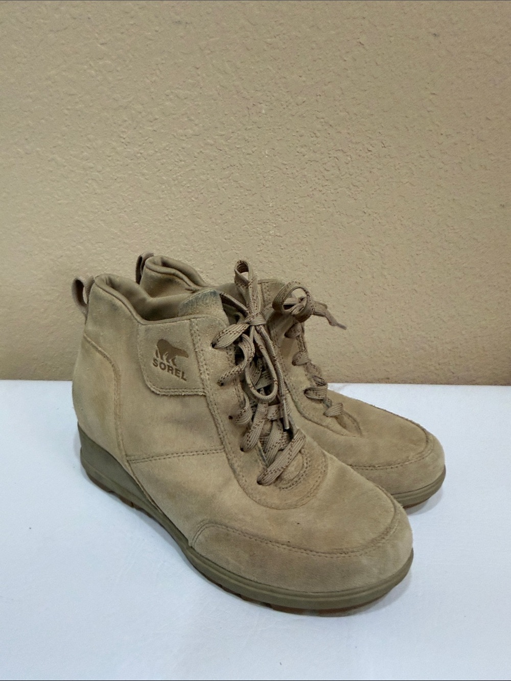 Sorel Beige Suede Lace-Up Wedge Sneakers